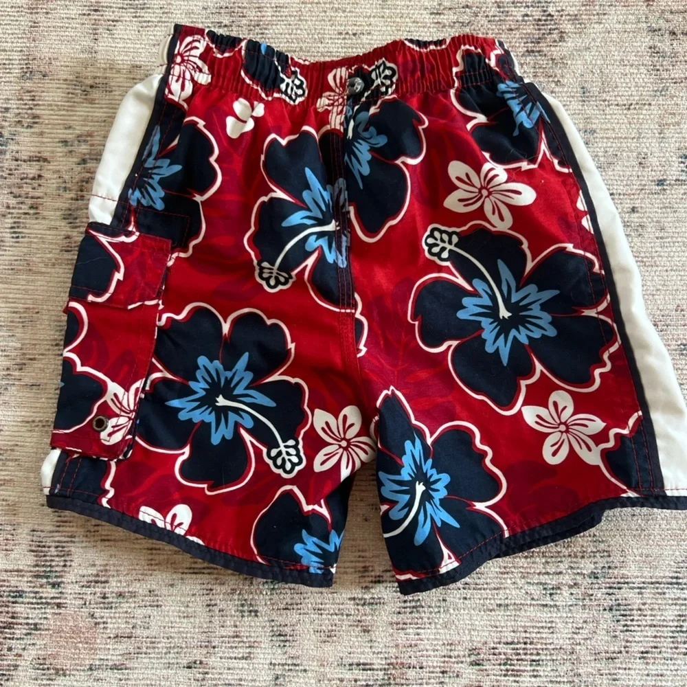 Kids Floral Swim Trunks - Red and Blue